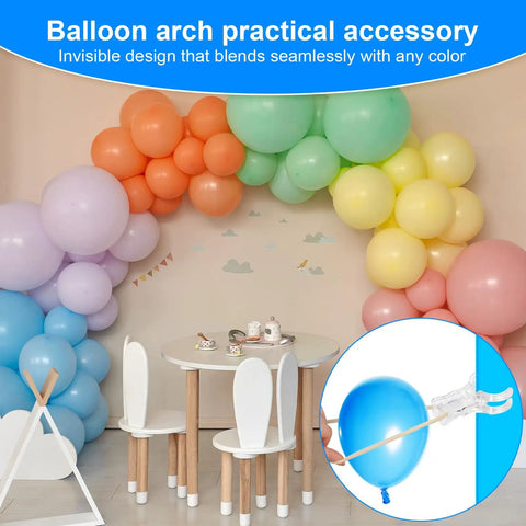 Awesome 10Pc Balloon Arch Clips With 100pcs Clear Party Balloons Heavy Duty Transparent Spring Clamps Durable Tying Ties Stand Strip Kit For Birthday Wedding Decoration Crafts DIY Bash Setup balloon arch with clips and balloons in pastel party room