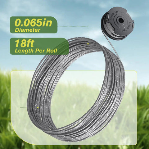 8 Pack Weed Wacker String For Greenworks Trimmer Auto Feed Dual Line Zero Point Zero Six Five Inch 18 Feet Replacement Spool With Cap Covers Easy Install Compatible With Most Auto Feed Models visible as coiled string with spool.