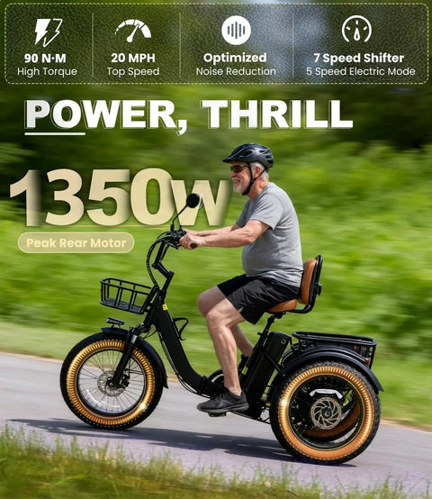 Electric Tricycle For Adults With Beast 1350W Motor, 48V 15.6Ah Battery, 20x4 Fat Tire Folding Trike, 3 Wheel Ebike, Up To 20 MPH, Differential Drive, Rugged Brown And Black Finish, rider on paved road
