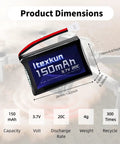 2 Pack 3.7V 150mAh 20C LiPo Battery With USB Cable For JJRC H8 Mini U207 X2 H2 RC Drones dimensions and specifications