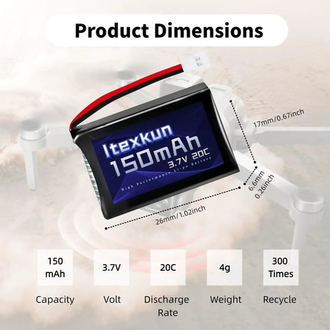2 Pack 3.7V 150mAh 20C LiPo Battery With USB Cable For JJRC H8 Mini U207 X2 H2 RC Drones dimensions and specifications