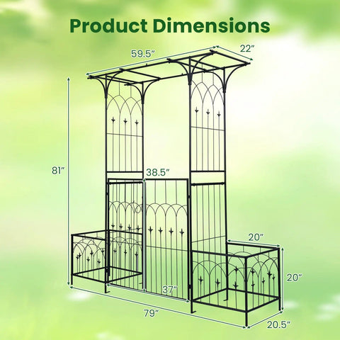 Dimensions of Garden Arbor With Gate And Planter, Metal Arch Trellis, 79 Inches Wide By 81 Inches High, for Climbing Plants