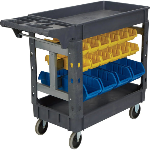 Heavy Duty Rolling Utility Cart With Thirty Two Tough Bins 500 Lb Capacity Polypropylene Shop Beast Featuring Secured Trays And Scratch Resistant Panels For Garage Tool Organization And Jobsite Hauling Keeping Your Gear Locked Down