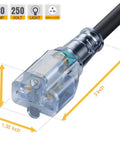Close-up of the 10-Foot NEMA 6-20P Extension Cord 20A 250V 12 AWG Heavy Duty with dimensions and components visible.