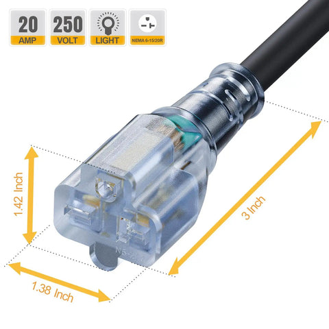 Close-up of the 10-Foot NEMA 6-20P Extension Cord 20A 250V 12 AWG Heavy Duty with dimensions and components visible.