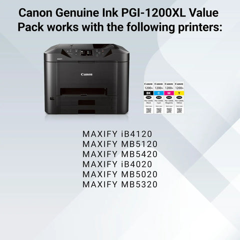 PGI-1200XL Four Color Ink Value Pack for MAXIFY Printers with compatible models listed next to a printer image.