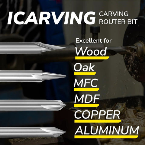Close-up of carving router bit set for woodworking with V-grooves and tips used for wood, oak, MFC, MDF, copper, aluminum.