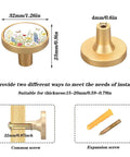 Dope Gold Floral Drawer Knob Set Of 4 With Screws, round cabinet pulls dimensions and installation options shown
