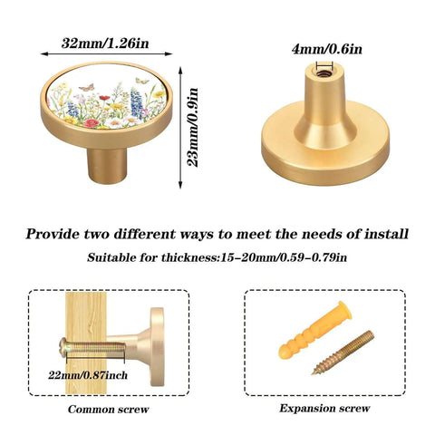 Dope Gold Floral Drawer Knob Set Of 4 With Screws, round cabinet pulls dimensions and installation options shown