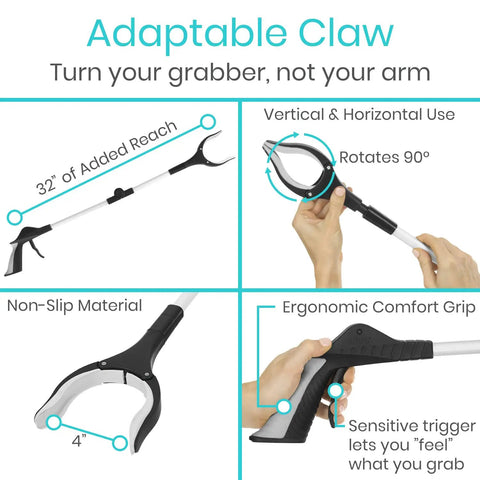 32 Inch Folding Reacher Tool With Rotating Jaw And Sensitive Trigger Grip, Heavy Duty Grabber For Seniors And Mobility Aid, Extra Reach Extender Claw To Grab Dropped Items Behind Furniture Or High Shelves