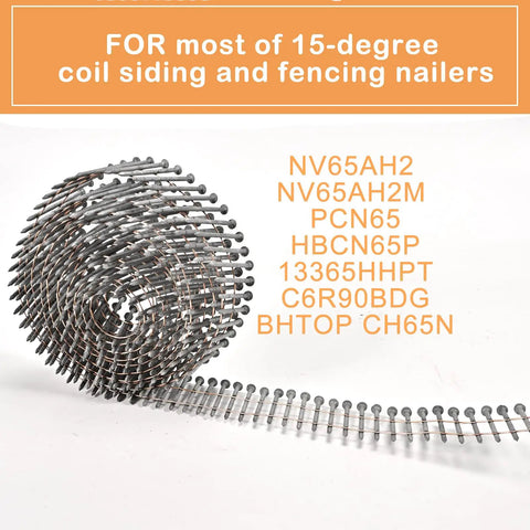 Coil of 3600 Count Siding Nails for 15 Degree Coil Nailers 2 Inch by 0.092 Inch Wire, hot dip galvanized ring shank.