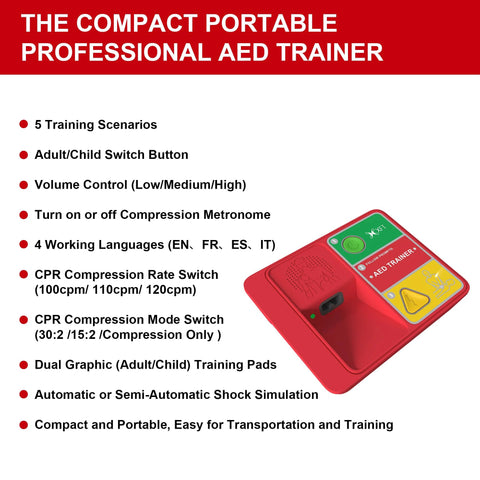 Front view of red XFT AED trainer with green and yellow panels and left bulleted feature list