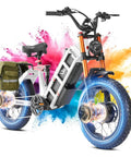 Ripping Through Dirt On This Badass 5400W Dual Motor Electric Fat Tire Bike For Adults featuring colored splashes and fat tires.