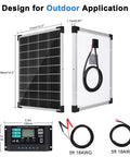 20W 12V Solar Panel Kit with 10A Charge Controller, showing panel dimensions, extension cables, and battery clips for vehicles and off-grid systems.