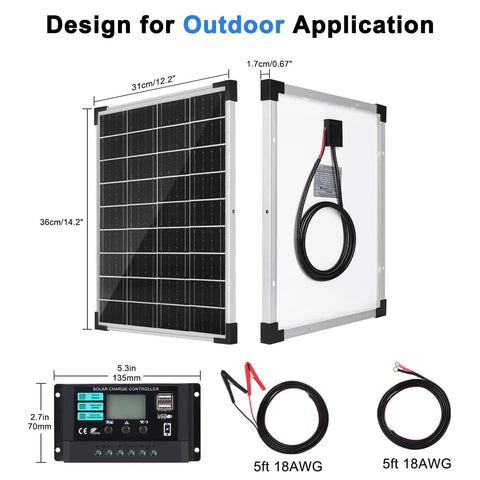 20W 12V Solar Panel Kit with 10A Charge Controller, showing panel dimensions, extension cables, and battery clips for vehicles and off-grid systems.