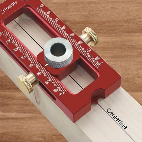 Pro Level 2 In 1 Cross Dowel Drill Guide Kit With Adjustable Pocket Hole Locator precision-aligned on wood with measuring guide.