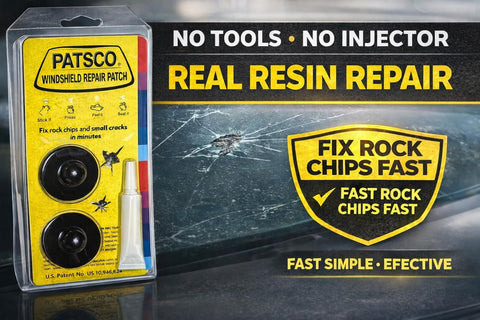Windshield Repair Kit Resin Patch System 2 Pack No Tools Needed No Injector Required Fix Rock Chips And Small Cracks Fast Easy DIY Alternative Made In USA with packaging and application example