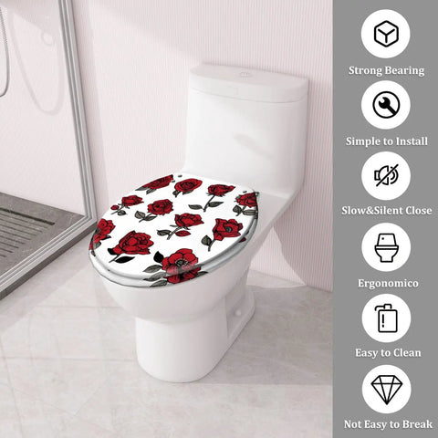 Toilet Seat Round Resin for Bathroom featuring red roses, 14.5'' x 16.5'', easy to clean, fits most toilets.