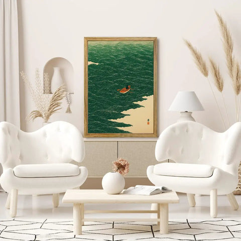 Ocean Rowing Boat Canvas Print Dope Framed Wall Art For Living Room Minimalist Aesthetic Modern Home Decor 24x36 with wood frame
