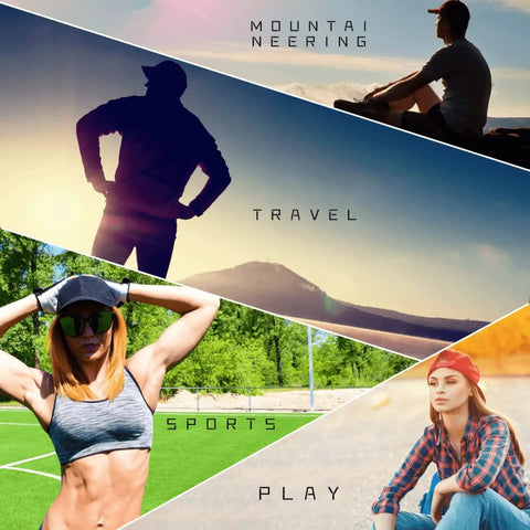 Collage with people in activities: mountaineering silhouette, traveler on rocks, woman in sportswear, woman in plaid shirt.