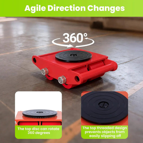 Heavy Duty Machinery Skates 4 Pack With 17,637 Lb Capacity, 360 Degree Rotation, showcasing top disc and PU wheels on floor