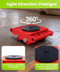 Heavy Duty Machinery Skates 4 Pack featuring a red base for 360-degree rotation, designed for easy maneuvering of heavy loads.