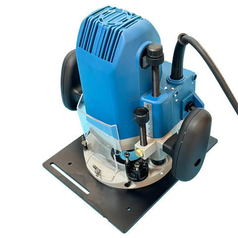 Heavy Duty Aluminum Router Table Insert Plate For Woodworking Benches With Miter Gauge Guide Dead On Screw Alignment Silky Smooth Action Built Like A Tank For Daily Shop Use, top view of router with clear base and blue motor.
