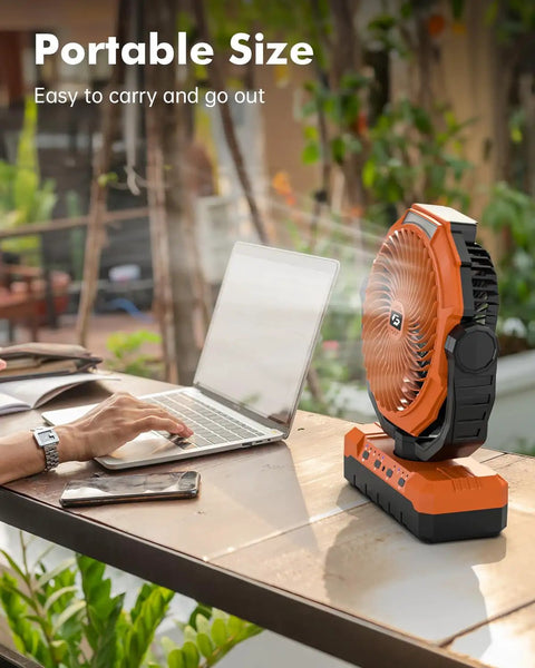 Three In One Camping Fan With Detachable Battery Built In Led Light And Hook Portable Usb Table Fan For Tent and Outdoors on table