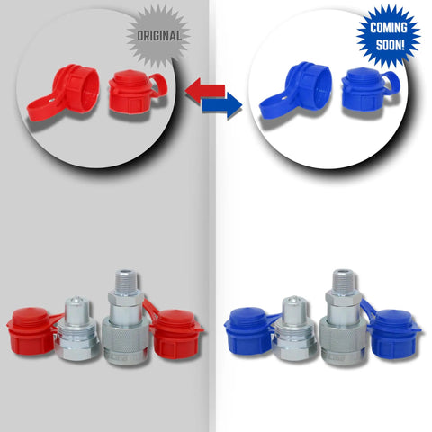 Original and new Heavy Duty Three Eighths NPT High Pressure Hydraulic Coupler Set, showcasing red and blue caps and metal connectors.