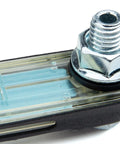 Industrial Fluid Level Gauge With Built In Thermometer And Sight Glass Six Point One Inch Tank Monitor Close-up on Threaded Mount