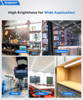 Collage of workshop, warehouse, garage, office, and cabinets lit by Eight Pack T5 LED Shop Lights 4 Feet, 2000 Lumens Each, 6500K.