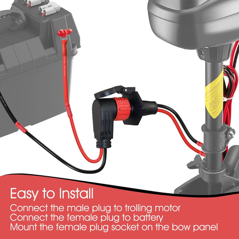Trolling motor plug and receptacle, 8 AWG 2-wire quick-connect, waterproof, male and female connectors