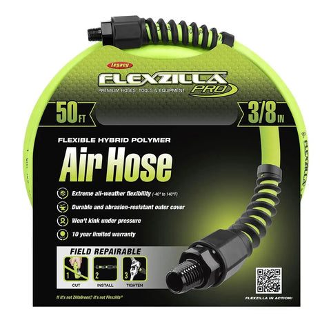 Heavy Duty 3/8 Inch Air Hose 50 Ft Lightweight Hybrid Polymer All Weather Flex From -40 To 140 Degrees Field Repairable Aluminum Fittings Abrasion Resistant Outer Cover Crush Resistant Ends ZillaGreen