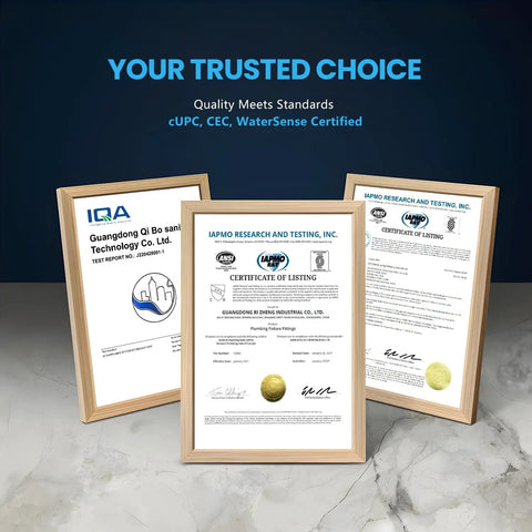 Framed certificates displayed confirming cUPC, CEC, WaterSense certifications for shower systems.