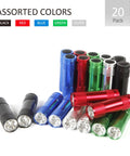 Assorted 20-Pack Aluminum 6-LED Flashlights Set With Lanyard, AAA Batteries Included And Pre-Installed, shown in five colors.