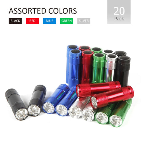 Assorted 20-Pack Aluminum 6-LED Flashlights Set With Lanyard, AAA Batteries Included And Pre-Installed, shown in five colors.