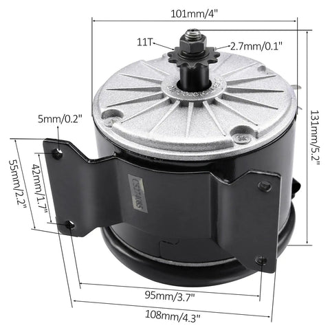 36V 350W Brushed Motor With 2750 RPM For Electric Scooters Bicycles Go Karts And DIY Projects Reversible Rotation dimensions