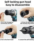Badass Cordless Rivet Gun And Knockout Rivet Nut Setter Featuring 21 Volt Brushless Motor showing self-locking head disassembly steps.