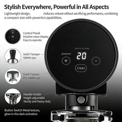 58mm Automatic Espresso Coffee Tamper With Adjustable Height And Custom Pressure Control showing control panel and digital pressure display.
