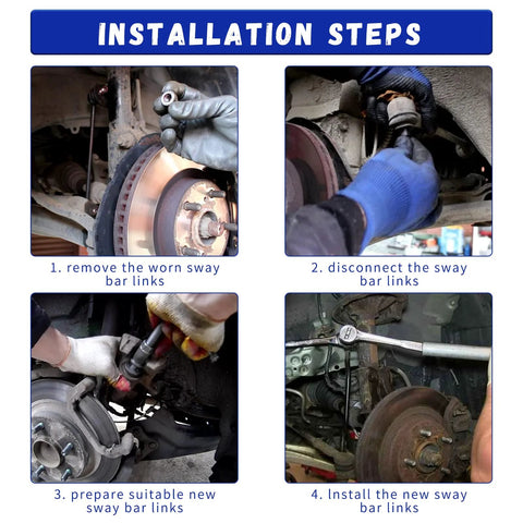 HAWK BROTHER sway bar end link kit installation steps collage showing removal, disconnection, prep, install