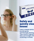 Front view of Lens Wipes box (Icepac, 500 count) beside a woman wearing black-framed eyeglasses.