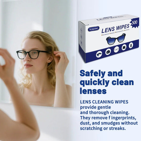 Front view of Lens Wipes box (Icepac, 500 count) beside a woman wearing black-framed eyeglasses.