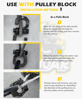 Separate D Ring Shackle With Pulley Block Snatch Block Three Quarters Inch Easy Open Off Road Recovery Set Built For Tough Jobs Beefed Up Heavy Duty 26 Ton Breaking Strength Ideal For Tow Trucks And Vehicle Recovery Black, shown with winch rope installation