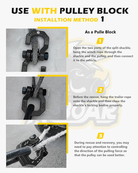 Separate D Ring Shackle With Pulley Block Snatch Block Three Quarters Inch Easy Open Off Road Recovery Set Built For Tough Jobs Beefed Up Heavy Duty 26 Ton Breaking Strength Ideal For Tow Trucks And Vehicle Recovery Black, shown with winch rope installation