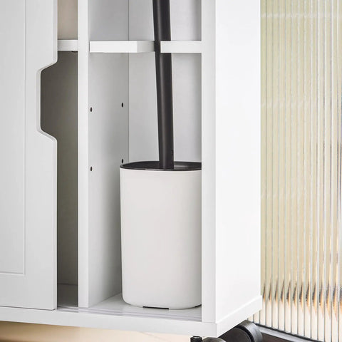 Close-up of white Slim Toilet Storage Cart With Wheels For Narrow Spaces 3 Tier Organizer showing discreet side cabinet