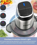 Food Processor Chopper And Meat Grinder With 2 Speed Settings showing overheat protection light on glass bowl.