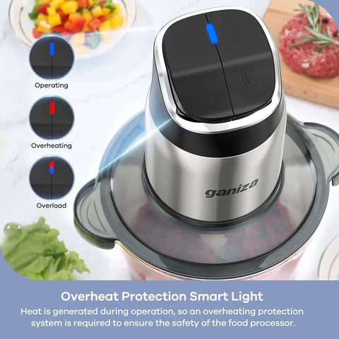 Food Processor Chopper And Meat Grinder With 2 Speed Settings showing overheat protection light on glass bowl.