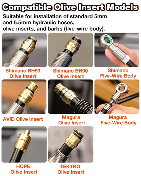 Various olive inserts for hydraulic brake lines, Shimano BH59, BH90, AVID, Magura, HOPE, and TEKTRO, displayed with 3 In 1 Hydraulic Brake Tool.