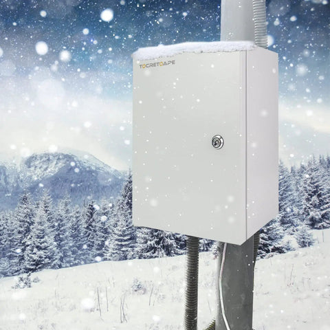 Rugged Outdoor Steel Electrical Box 16x12x8 Inch NEMA 4X IP66 Weather Resistant Waterproof Dustproof Junction Enclosure on pole in snowy mountain