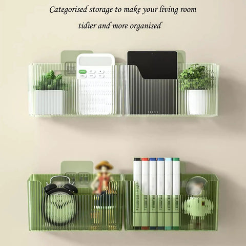 Organized caddy with books, clock, and plants in a green wall-mounted plastic storage for living room